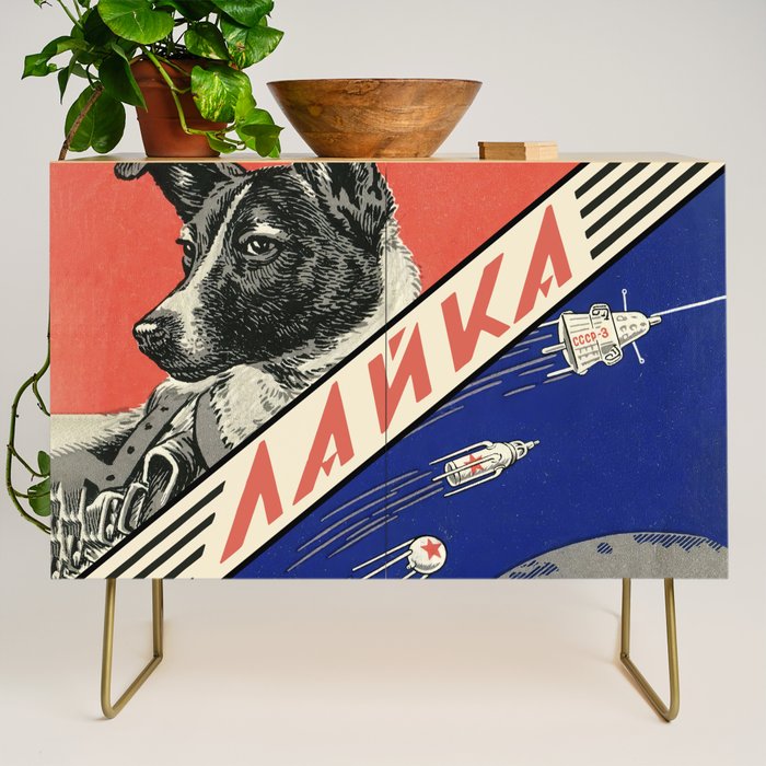 Laika, first space dog â Soviet vintage space poster [Sovietwave] Credenza Gallery Image 1