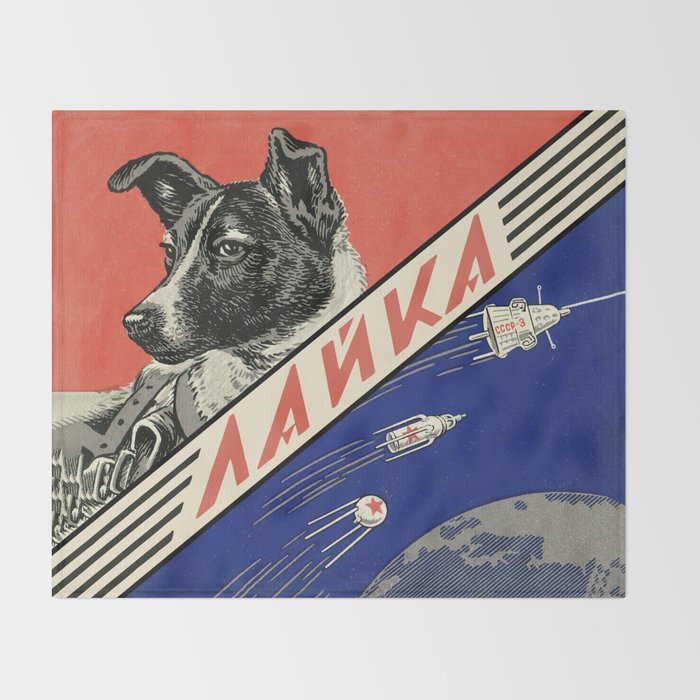 Laika, first space dog â Soviet vintage space poster [Sovietwave] Throw Blanket Gallery Image 2