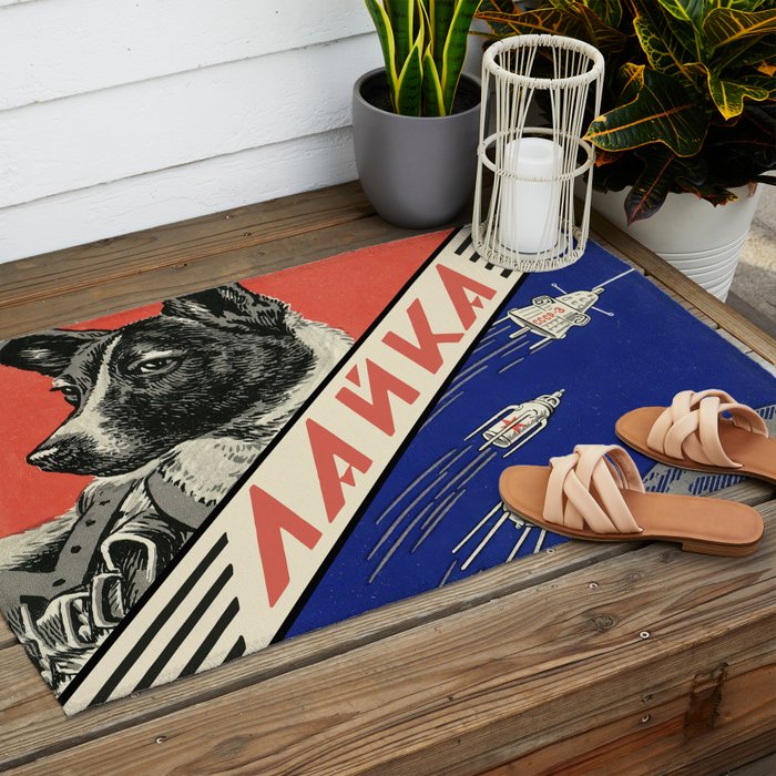 Laika, first space dog â Soviet vintage space poster [Sovietwave] Outdoor Rug Gallery Image 2