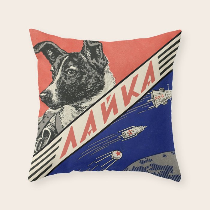 Laika, first space dog â Soviet vintage space poster [Sovietwave] Throw Pillow Gallery Image 1