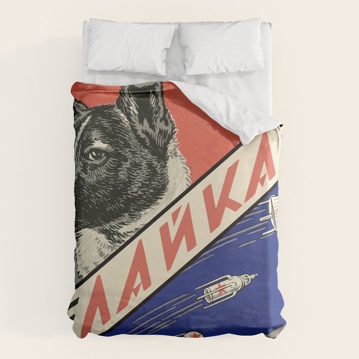 Laika, first space dog â Soviet vintage space poster [Sovietwave] Duvet Cover Gallery Image 6