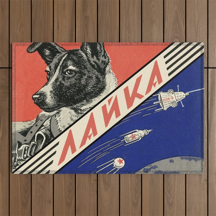 Laika, first space dog â Soviet vintage space poster [Sovietwave] Outdoor Rug Gallery Image 1