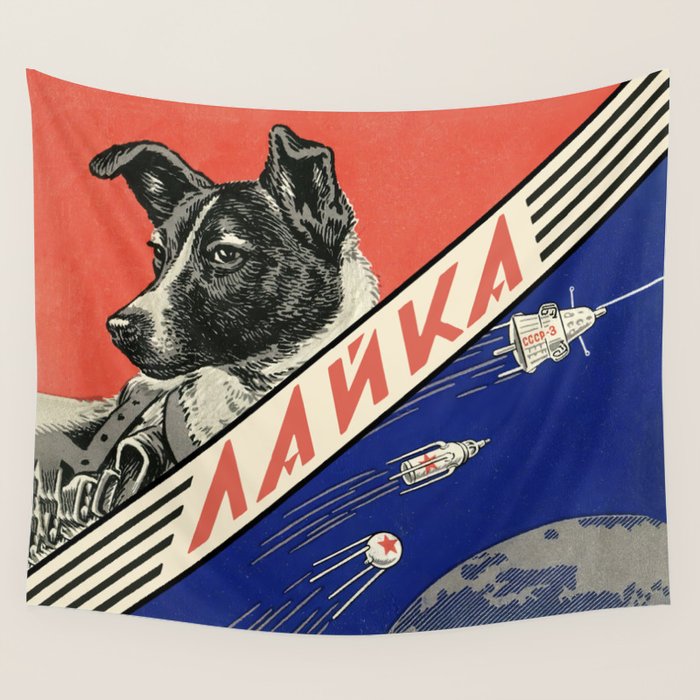 Laika, first space dog â Soviet vintage space poster [Sovietwave] Wall Tapestry Gallery Image 4