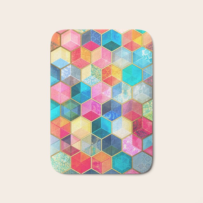Crystal Bohemian Honeycomb Cubes - colorful hexagon pattern Bath Mat Gallery Image 1