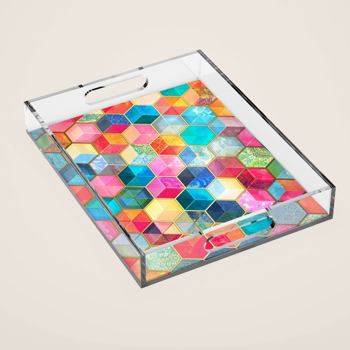 Crystal Bohemian Honeycomb Cubes - colorful hexagon pattern Acrylic Tray Gallery Image 1