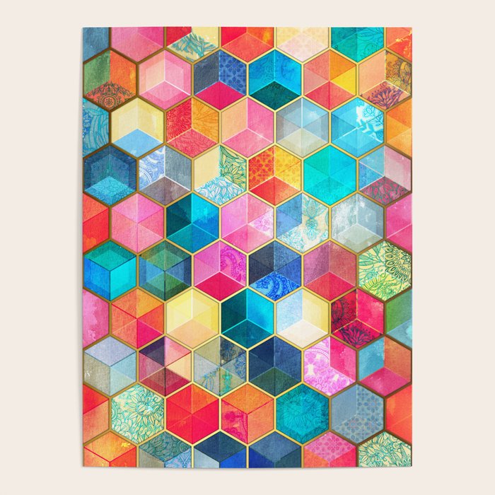 Crystal Bohemian Honeycomb Cubes - colorful hexagon pattern Poster Gallery Image 4