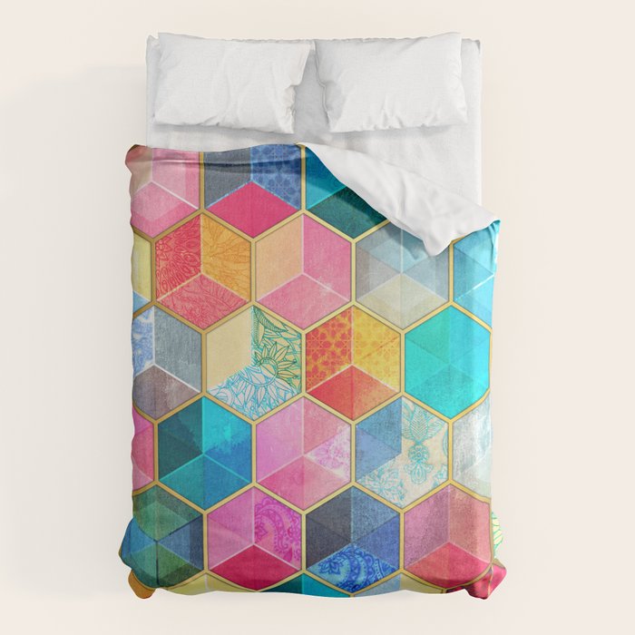 Crystal Bohemian Honeycomb Cubes - colorful hexagon pattern Duvet Cover Gallery Image 6