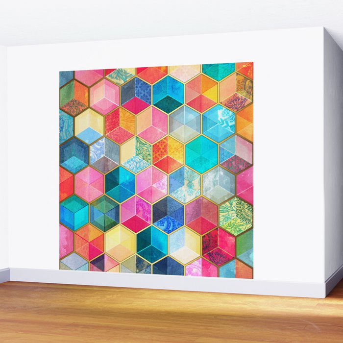Crystal Bohemian Honeycomb Cubes - colorful hexagon pattern Wall Mural Gallery Image 2