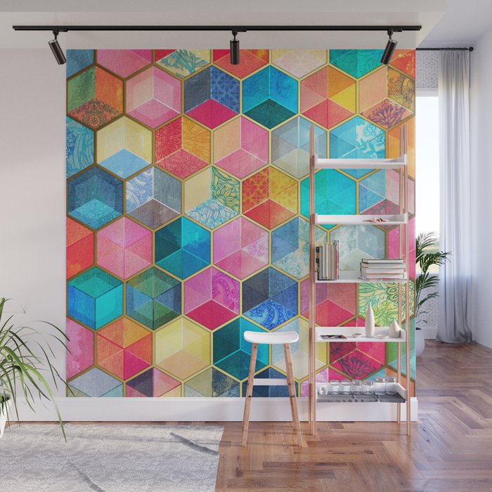 Crystal Bohemian Honeycomb Cubes - colorful hexagon pattern Wall Mural Gallery Image 1