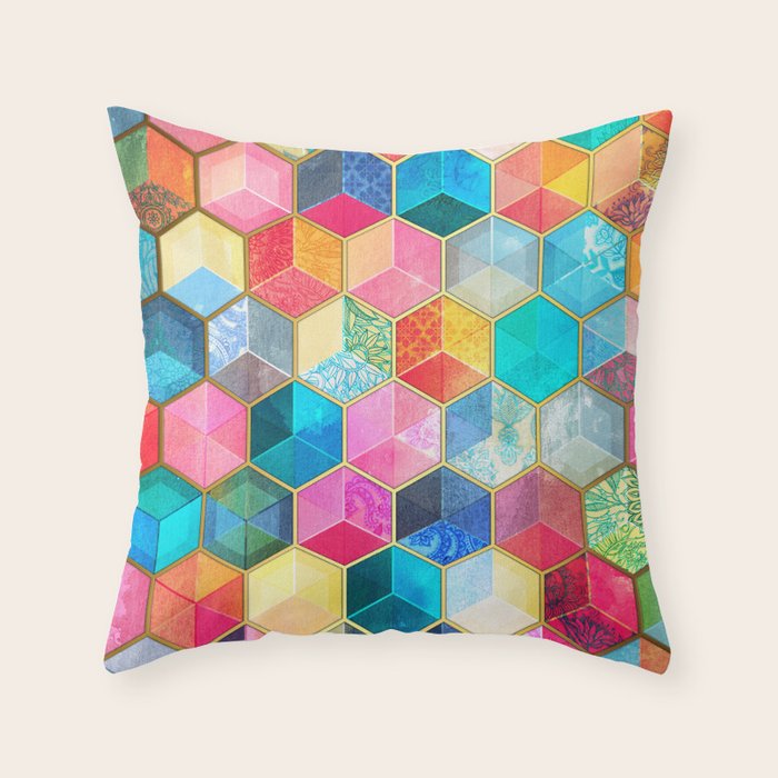 Crystal Bohemian Honeycomb Cubes - colorful hexagon pattern Throw Pillow Gallery Image 6