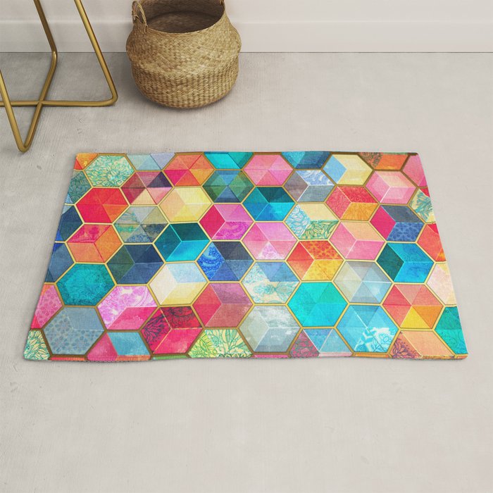 Crystal Bohemian Honeycomb Cubes - colorful hexagon pattern Rug Gallery Image 1