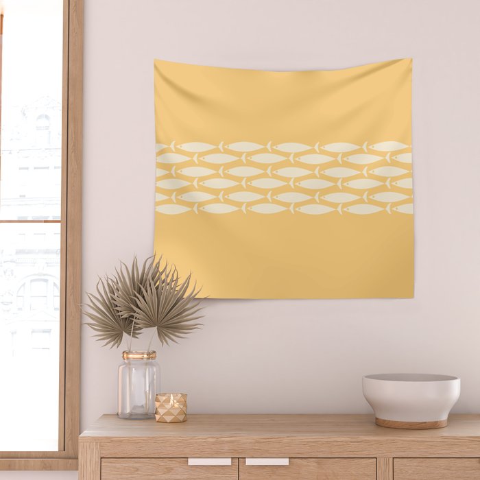 Fish Stripe 6 Minimalist Mid Century Modern Fish Pattern in Yellow Buttercream Wall Tapestry Gallery Image 2