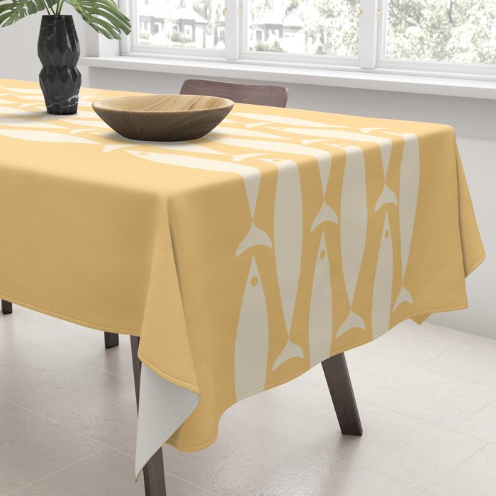 Fish Stripe 6 Minimalist Mid Century Modern Fish Pattern in Yellow Buttercream Tablecloth Gallery Image 3