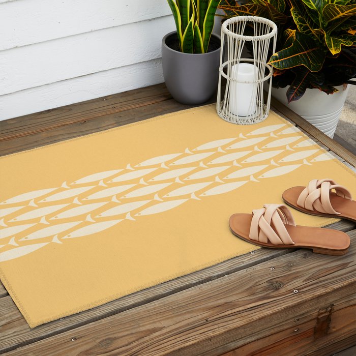 Fish Stripe 6 Minimalist Mid Century Modern Fish Pattern in Yellow Buttercream Outdoor Rug Gallery Image 2