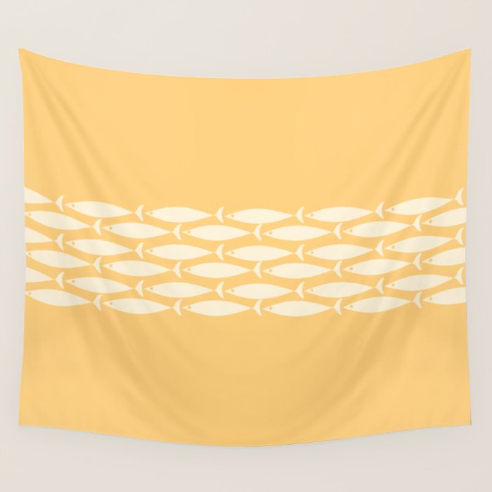Fish Stripe 6 Minimalist Mid Century Modern Fish Pattern in Yellow Buttercream Wall Tapestry Gallery Image 4