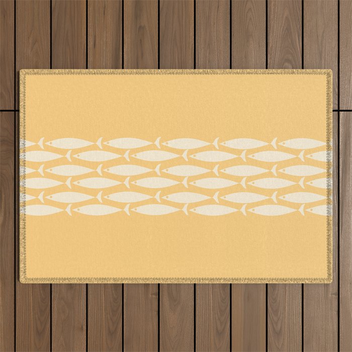 Fish Stripe 6 Minimalist Mid Century Modern Fish Pattern in Yellow Buttercream Outdoor Rug Gallery Image 1