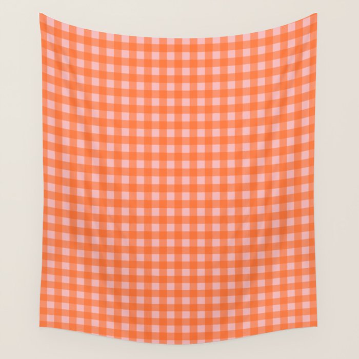 Gingham Check Pattern in Cheerful Orange and Pink Blush Wall Tapestry Gallery Image 4