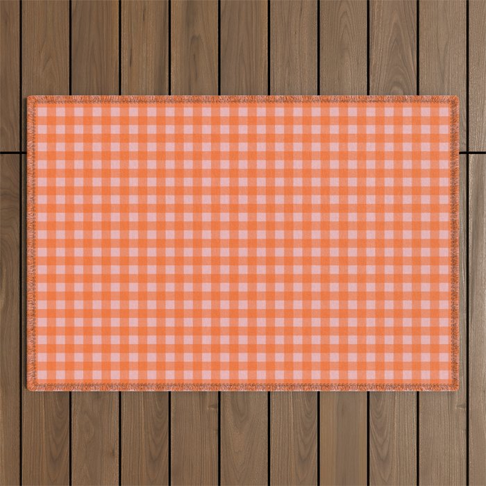 Gingham Check Pattern in Cheerful Orange and Pink Blush Outdoor Rug Gallery Image 1