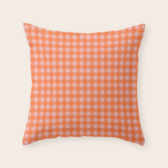 Gingham Check Pattern in Cheerful Orange and Pink Blush Throw Pillow Gallery Image 1