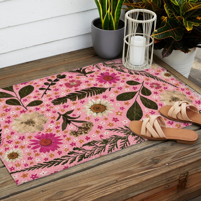Dried Flower Print in Pink Outdoor Rug Gallery Image 2