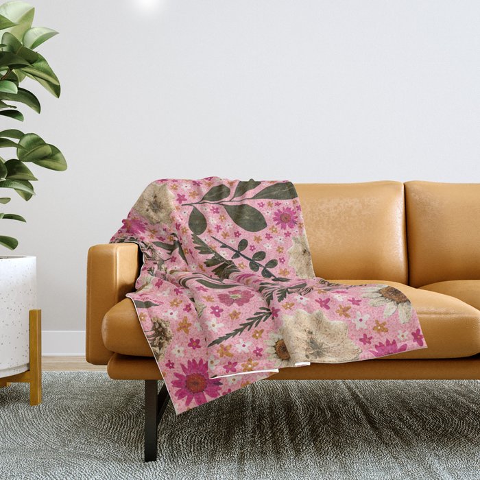 Dried Flower Print in Pink Throw Blanket Gallery Image 1