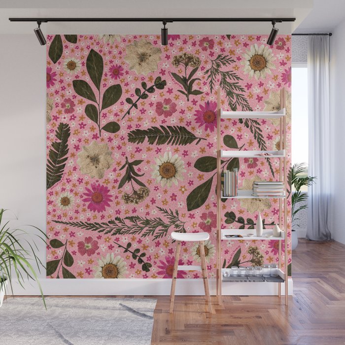 Dried Flower Print in Pink Wall Mural Gallery Image 1