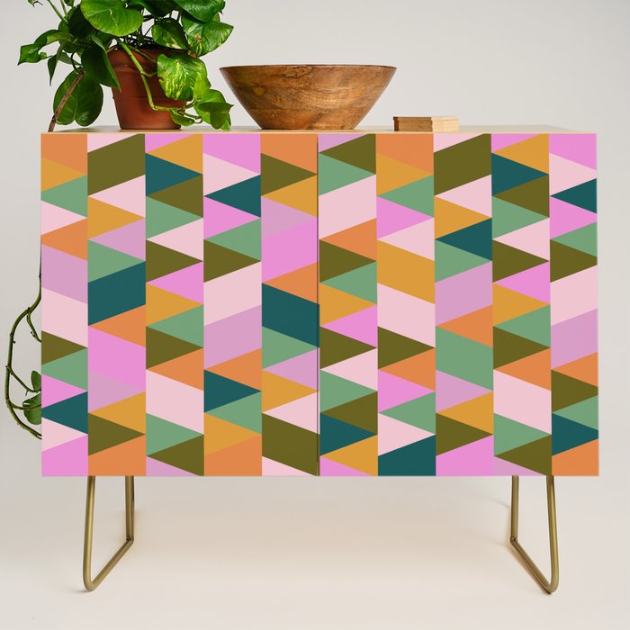 Retro Modern Pink Green Geometric Triangle Art Credenza Gallery Image 1