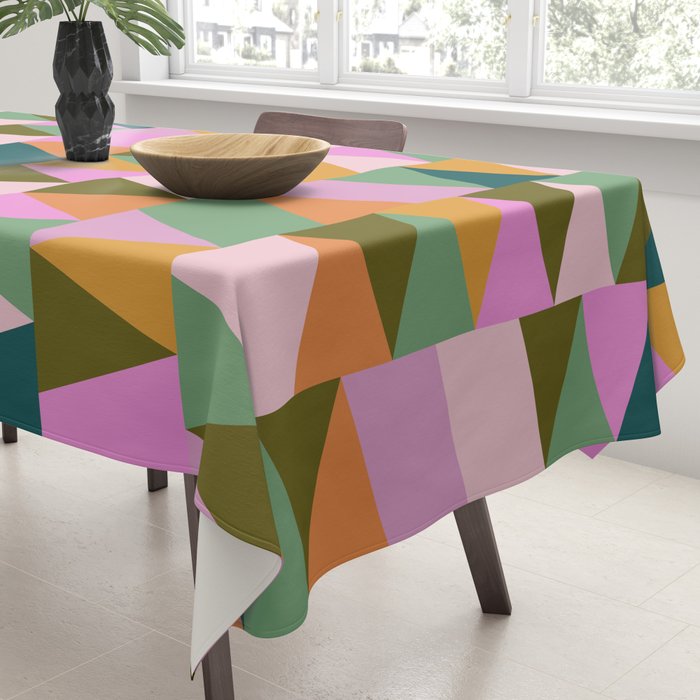 Retro Modern Pink Green Geometric Triangle Art Tablecloth Gallery Image 3