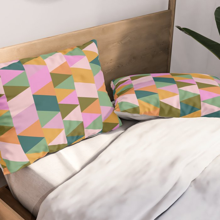 Retro Modern Pink Green Geometric Triangle Art Pillow Sham Gallery Image 2
