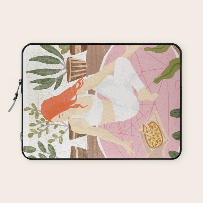 Yoga + Pizza, Red Head Woman Work Out Stay At Home, Ginger Plant Lady Home Decor Food Illustration Laptop Sleeve Gallery Image 1