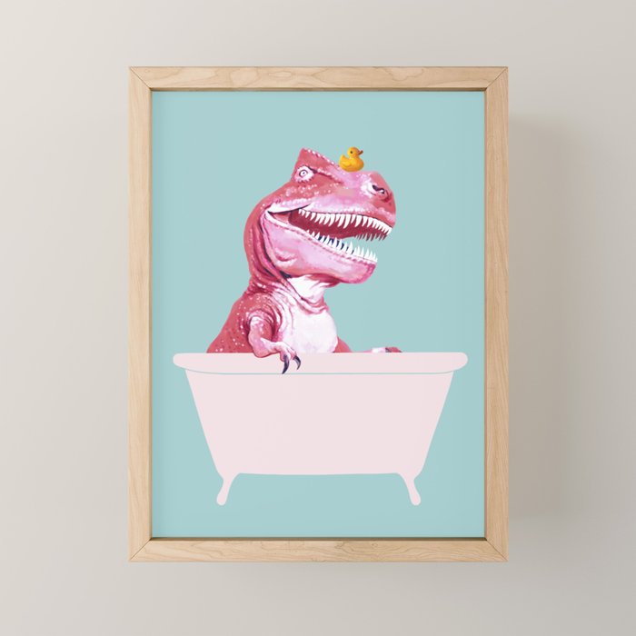 Pink T-Rex in Bathtub Mini Art Print Gallery Image 1