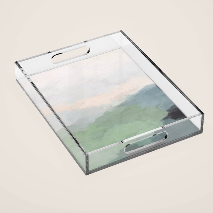 Farmland Sunset III - Seafoam Green Mint Black Blush Pink Abstract Nature Land Art Painting Acrylic Tray Gallery Image 1