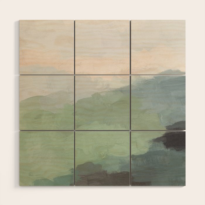 Farmland Sunset III - Seafoam Green Mint Black Blush Pink Abstract Nature Land Art Painting Wood Wall Art Gallery Image 1