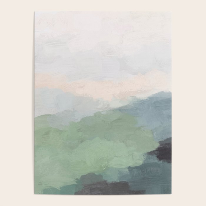 Farmland Sunset III - Seafoam Green Mint Black Blush Pink Abstract Nature Land Art Painting Poster
