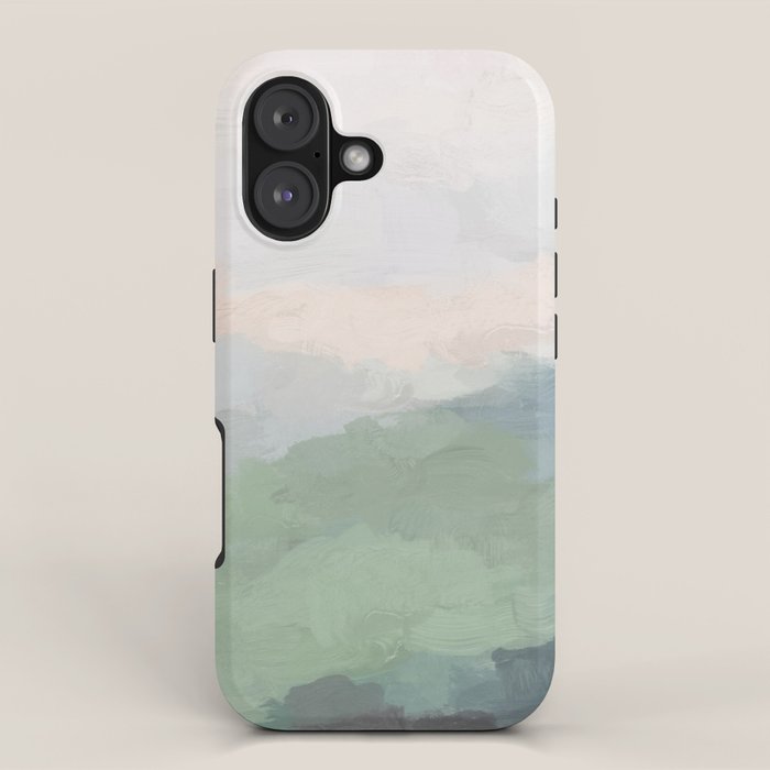 Farmland Sunset III - Seafoam Green Mint Black Blush Pink Abstract Nature Land Art Painting iPhone Case Gallery Image 1