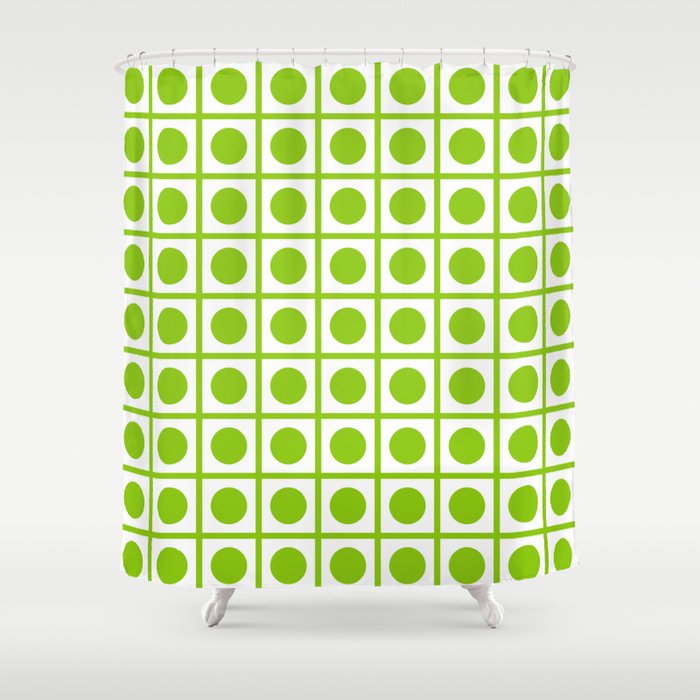 Lime Green Dot Grid Retro Modern Pop Pattern on White Shower Curtain Gallery Image 1