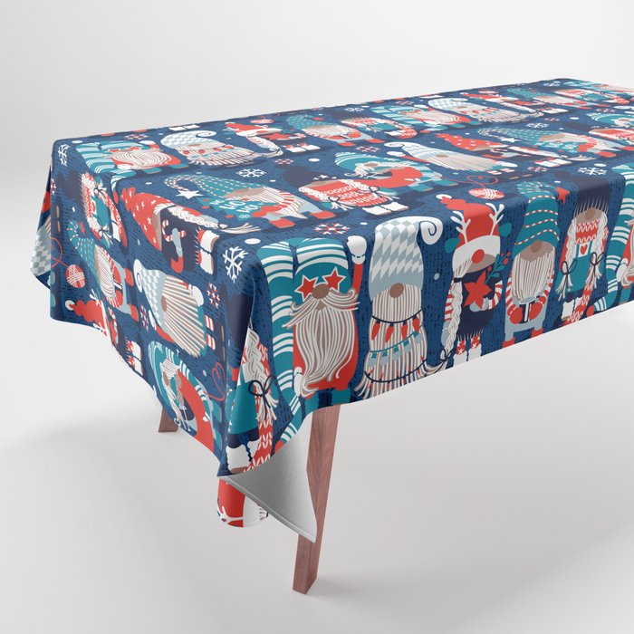 Let it gnome // blue background little Santa's helpers preparing for Christmas neon red classic oxford and pastel blue dressed gnomes Tablecloth Gallery Image 1