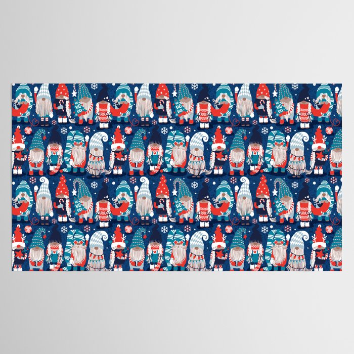 Let it gnome // blue background little Santa's helpers preparing for Christmas neon red classic oxford and pastel blue dressed gnomes Tablecloth Gallery Image 2