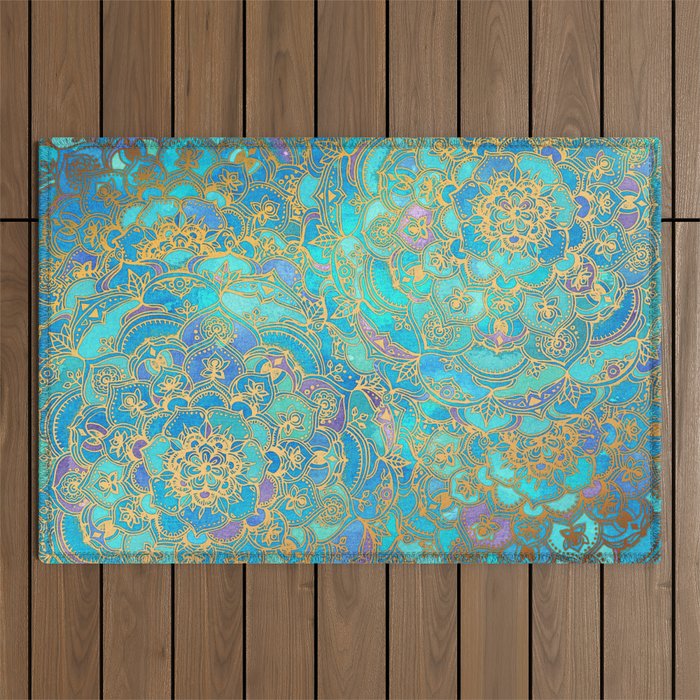 Sapphire & Jade Stained Glass Mandalas Outdoor Rug Gallery Image 1