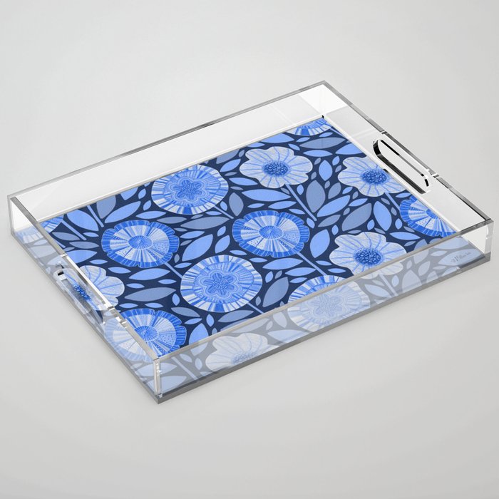 Folk Floral Blossoms in Midnight Blue Acrylic Tray Gallery Image 1