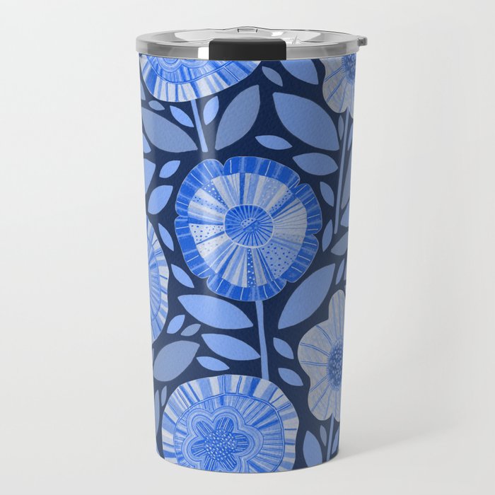 Folk Floral Blossoms in Midnight Blue Travel Mug Gallery Image 1