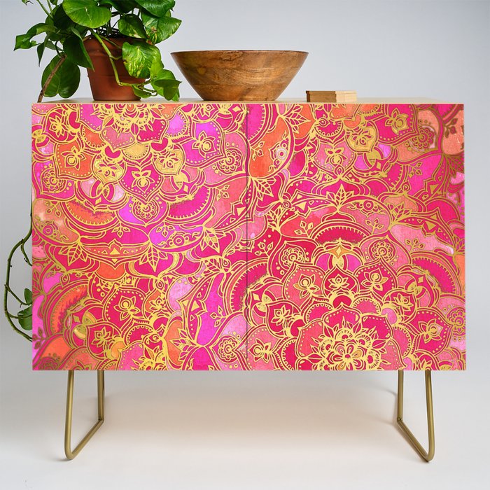 Hot Pink and Gold Baroque Floral Pattern Credenza Gallery Image 1