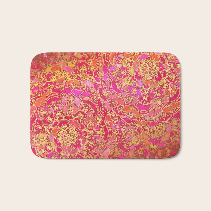 Hot Pink and Gold Baroque Floral Pattern Bath Mat Gallery Image 1