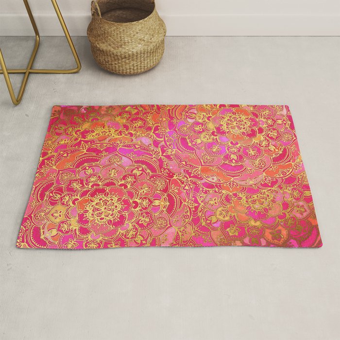 Hot Pink and Gold Baroque Floral Pattern Rug Gallery Image 1