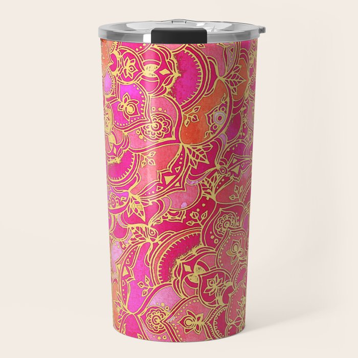 Hot Pink and Gold Baroque Floral Pattern Travel Mug