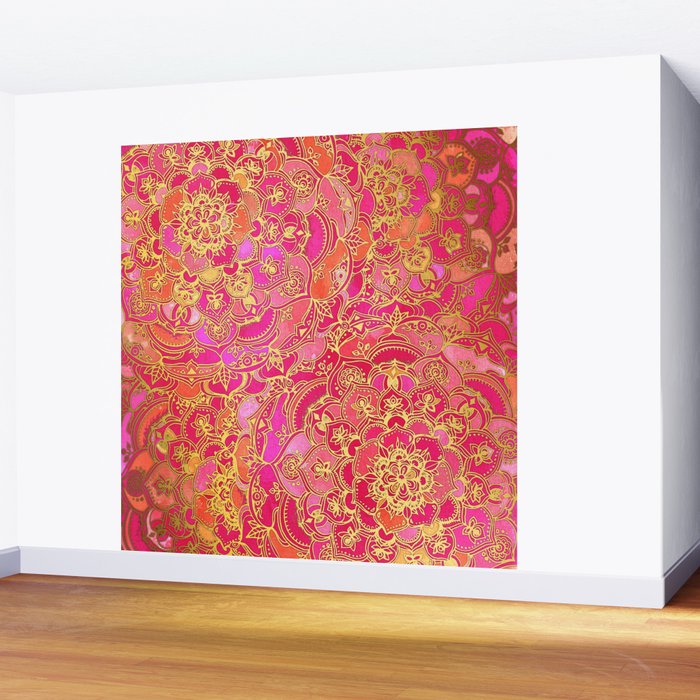 Hot Pink and Gold Baroque Floral Pattern Wall Mural Gallery Image 2