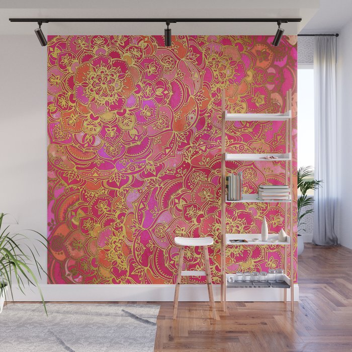 Hot Pink and Gold Baroque Floral Pattern Wall Mural Gallery Image 1