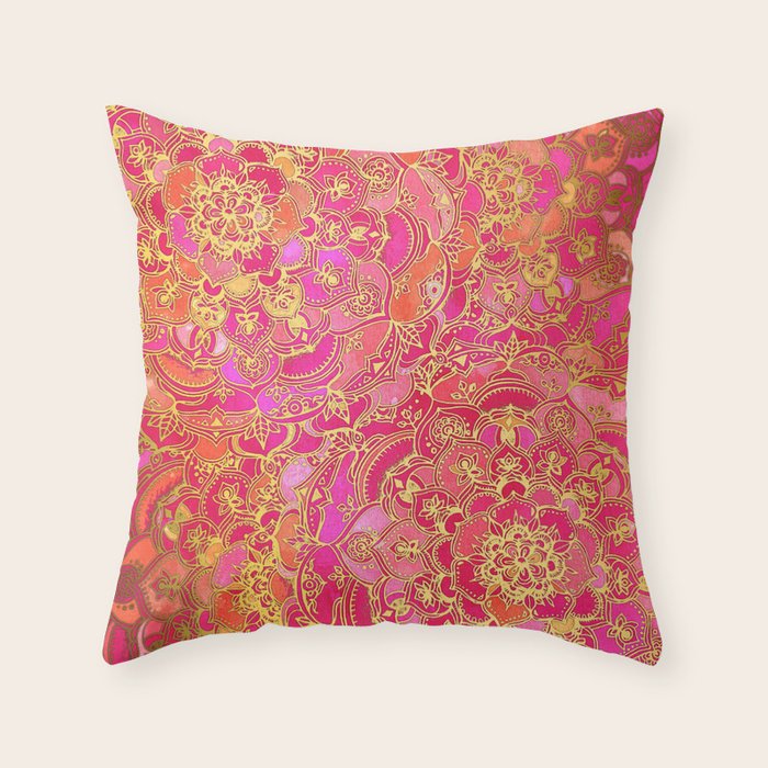 Hot Pink and Gold Baroque Floral Pattern Throw Pillow Gallery Image 1