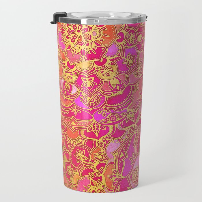 Hot Pink and Gold Baroque Floral Pattern Travel Mug Gallery Image 3