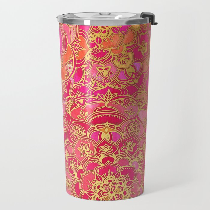 Hot Pink and Gold Baroque Floral Pattern Travel Mug Gallery Image 2